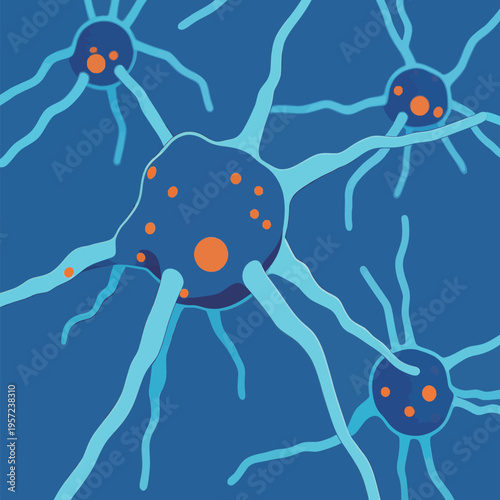 Cells connect and communicate in a vibrant network of neurons under a blue background during a close-up view of brain activity