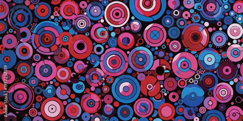 Colorful circles fill the canvas in a vibrant display of shapes and patterns at an art exhibit in a downtown gallery