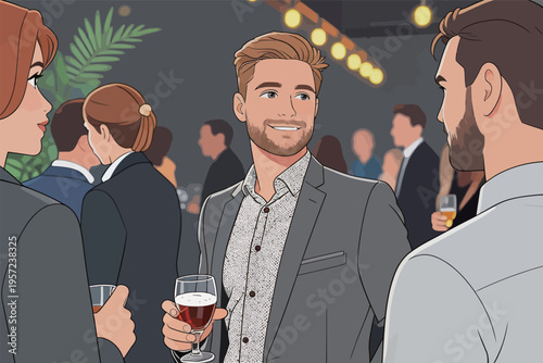 People mingle at a social event during the evening in a modern venue while enjoying drinks and conversation with friends