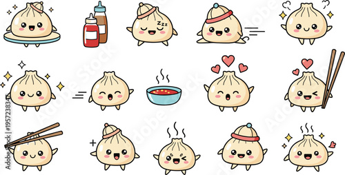 Cute Kawaii Dumpling Characters Vector Set with Funny Expressions, Bao, Gyoza, Chopsticks, Sauce Bowl for Stickers, Kids Design, Asian Food Branding, Packaging, and Social Media Illustrations