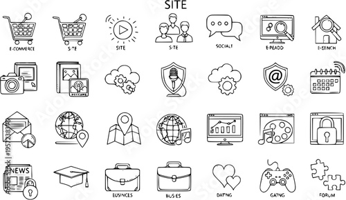 Hand-drawn Website Icons Set: E-commerce, Social, Business  More
