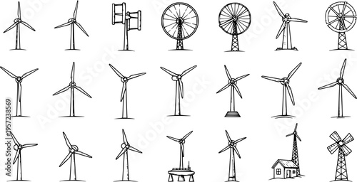 Various Wind Turbines and Windmills: Hand-Drawn Vector Set