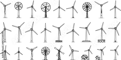 Wind Energy: Hand-Drawn Windmill  Turbine Collection - Clean Energy Icons