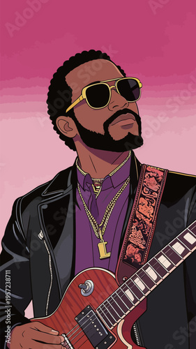 Man playing guitar in stylish outfit with sunglasses in vibrant background during sunset