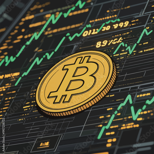 Bitcoin price chart shows trends and movements in cryptocurrency market with bright green fluctuations in background