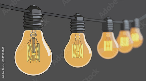 String of light bulbs hanging against a dark background during evening hours in a casual setting