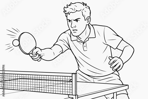 Coloring page for children - a table tennis player concentrates and hits the ball decisively during a match
