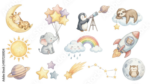 Adorable watercolor space nursery clipart with animals, cloud, rocket, rainbow, stars and planets set. Collection of Vector illustrations. Perfect for invitation, card, poster, banner, decoration