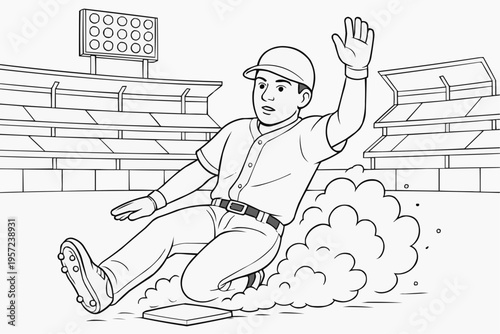 Coloring page for kids - a baseball player slides into the base with determination and a cloud of dust in the background of a stadium