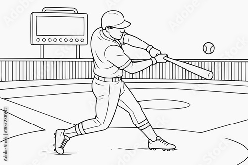 Coloring page for children - a baseball player hits a ball with a bat on the field