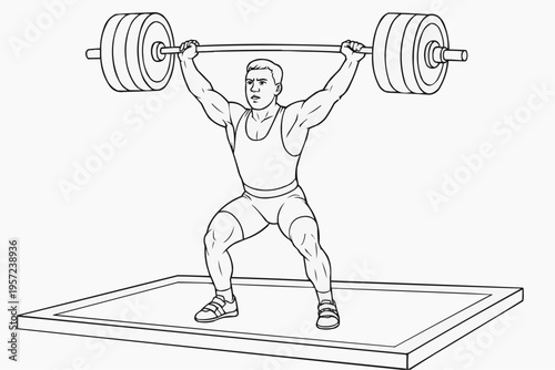 Coloring page for children - a strongman with a determined expression is lifting a heavy barbell over his head on a platform