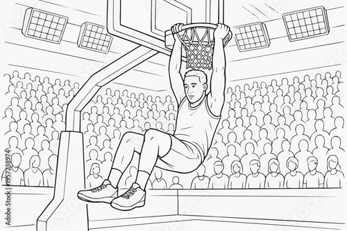 Coloring page for children - a basketball player hangs on the rim after a dunk, and the crowd cheers in the stadium