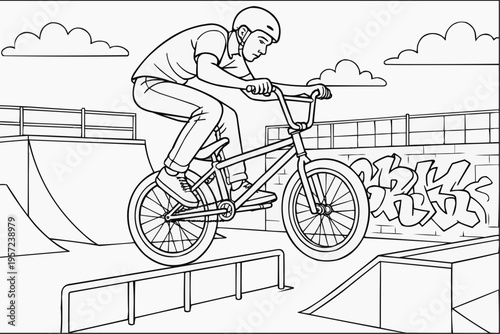 Coloring page for children - a rider performs a trick in an urban skate park with ramps and railings