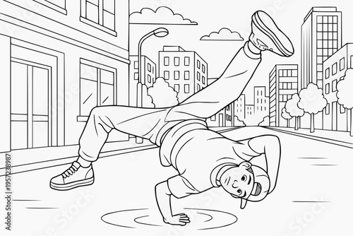 Coloring page for children - a breakdancer performing a one-handed trick on a city street