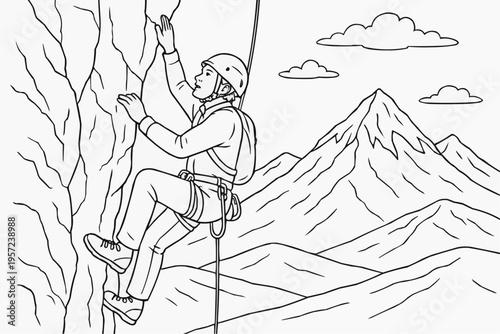 Coloring page for children - a climber determinedly climbs a rocky slope against a mountainous backdrop