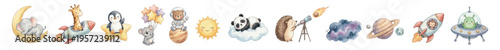 Cute watercolor baby animals in space set with elephant, giraffe, panda, penguin, koala, hedgehog, bear, rocket, stars, moon, sun, planets. Collection of Vector illustrations. 
