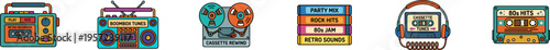 Retro audio vector collection with boomboxes and cassette tapes