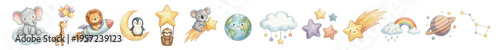 Cute watercolor baby animals space set with animals, moon, stars, planets, earth, clouds. Collection of Vector illustrations. Perfect for invitation, card, poster, banner, decoration
