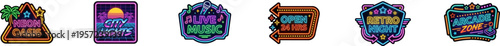 Collection of retro neon style vector badges and signs