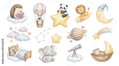 Adorable watercolor nursery night space clipart with animals, sleeping kitten on moon, panda star, lion shooting star, elephant with balloon, hedgehog reading, penguin balloon set. Collection of Vecto