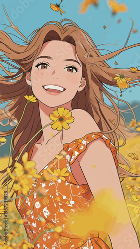 Young woman smiles happily in a field full of yellow flowers under a blue sky during a bright sunny day