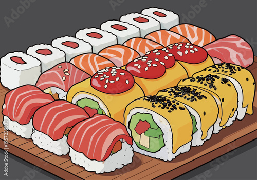 Sushi platter with various types of rolls and toppings served in a restaurant setting in the evening