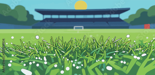 View of a football field with grass in the foreground and a stadium in the background during sunset