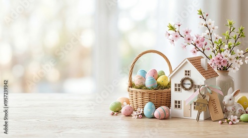 Colorful easter eggs in woven basket with small house model and key. Bunny figure and pink cherry blossoms on wooden table. Spring holiday symbol of new home and renewal