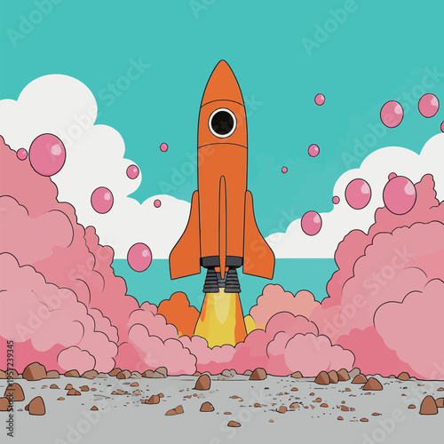 Rocket lifts off from a colorful landscape with pink clouds and bubbles during daytime