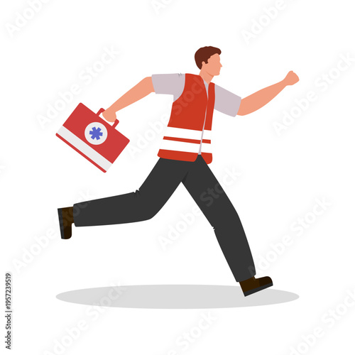 Running sport composition with isolated human character of first aid staff running with first aid box vector illustration