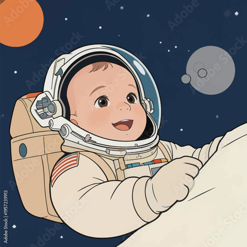 Child in astronaut suit smiles while floating in space with planets in the background during a bright day