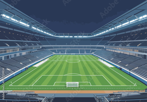 View of a large soccer stadium in the evening with open seating and a green field prepared for a match
