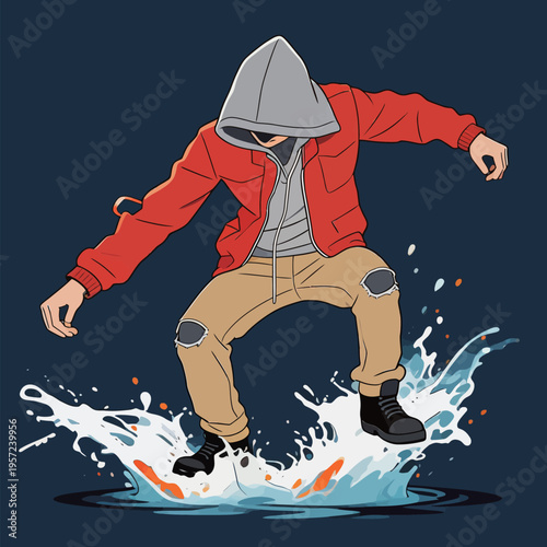Person wearing a red jacket jumps onto water splashing in the evening near a lake or similar body of water