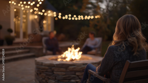 Woman relaxing by a backyard fire pit at night, enjoying warmth and togetherness with friends during an outdoor social gathering and celebration