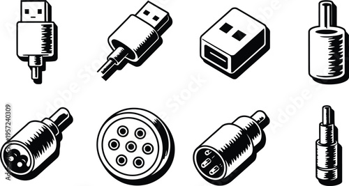 Black and White Vector Set of USB and Audio Cable Connector Icons