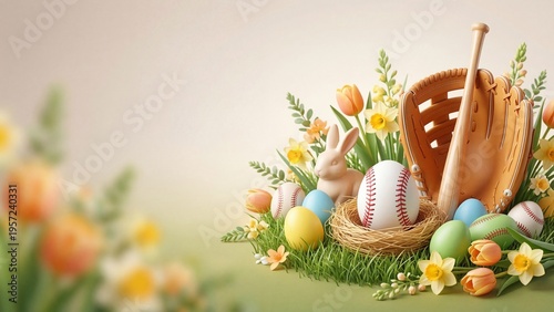 Easter bunny posing with baseball bat and glove beside nest of colored eggs and tulips. Spring holiday fusion with sports theme for seasonal celebration and playful concept