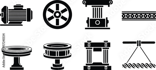 Industrial machinery and factory equipment vector icon set