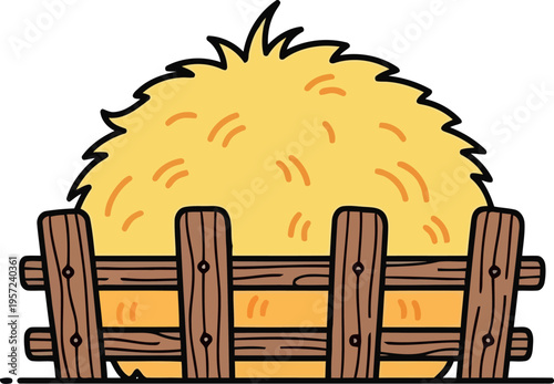 Cartoon haystack behind wooden fence isolated on white background for farm and agriculture design