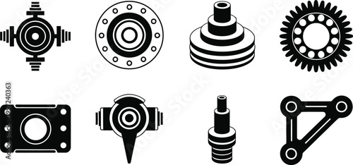 Industrial mechanical car engine parts and hardware vector icon set