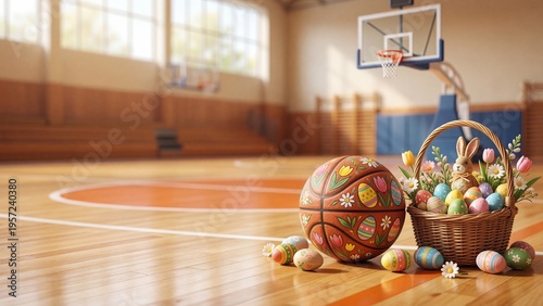 Decorated basketball with easter egg patterns on gym floor surrounded by colorful eggs flowers tulips and bunny in woven basket. Holiday sports fusion for creative easter celebration and fun
