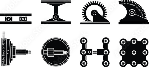 Mechanical Engineering Components, Gears, and Machinery Parts Silhouette Icon Set, vector illustration