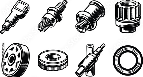 Vintage mechanical car engine parts and gears engraved vector illustration