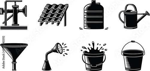 Rainwater harvesting, gardening, and water icon collection vector illustration