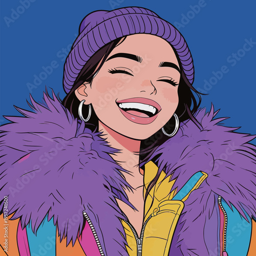 Young woman smiles widely while wearing bright purple hat and colorful coat with fur details in a bold blue background