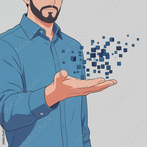 Man holds out hand with digital cubes floating in the air in a creative design setting with gray background
