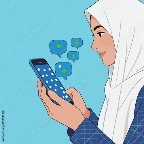 Young woman in hijab texts on her smartphone while sitting against a blue background in a casual setting