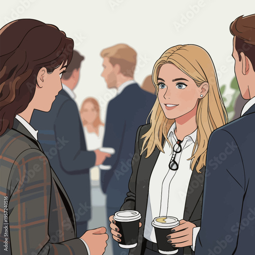 People talking at a business event in a modern setting while holding coffee cups during the day
