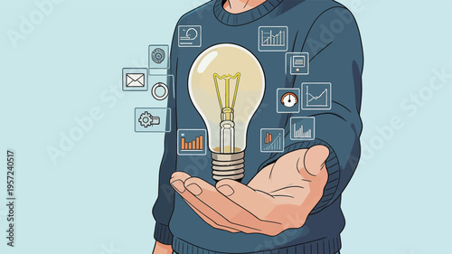 Person holds light bulb with icons about technology and data analysis in a creative workspace