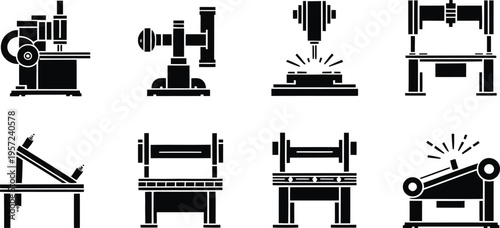 Industrial Machinery and Factory Manufacturing Equipment Silhouette Icon Set vector