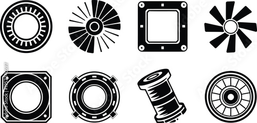 Industrial Mechanical Parts, Cooling Fan, and Turbine Vector Icon Set